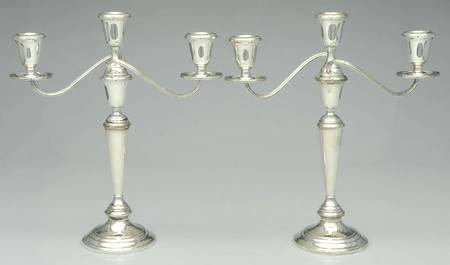 Sterling Hollowware Pair of Weighted 3 Light Candelabra