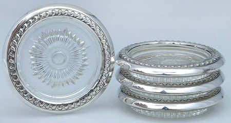 Sterling Hollowware Crystal Coaster with Sterling Rim - Set of 4 Motif 1
