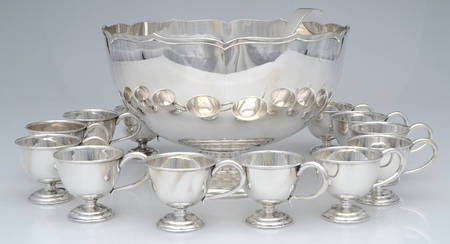 Sterling Hollowware (14 Pc) Punch Set (Bowl, Ladle & 12 Cups)