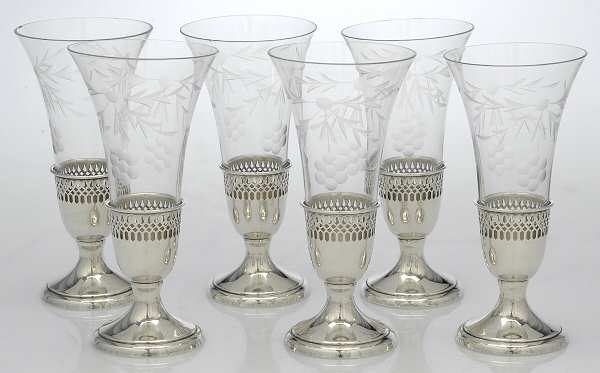 Sterling Hollowware Set/6 Sterling Base Champagne Flute,Crystal Insert