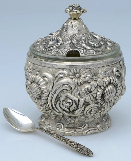 Silverplate Hollowware Jam Jar & Lid with Glass Liner & Spoon