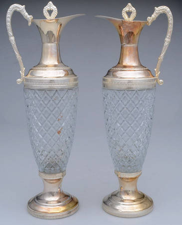 Silverplate Hollowware (Set of 2) Crystal Wine Carafe w/Silver Handle