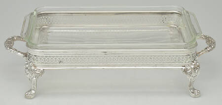Silverplate Hollowware 2 Qt Rectangular Glass Casserole w/Metal Holder