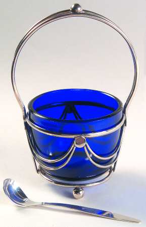 Silverplate Hollowware Handled Sugar Basket With Cobalt Liner