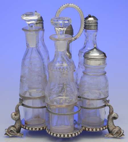 Silverplate Hollowware Condiment-7pc (6 Glass Bottles W/Holder