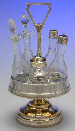 Silverplate Hollowware 6 Pc Condiment (5 Glass Bottles w/Holder)