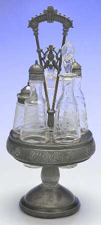 Silverplate Hollowware 6 Pc Condiment (5 Glass Bottles w/Holder)