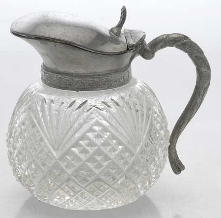 Silverplate Hollowware Crystal Syrup Pitcher with Hinged Silverplate Lid