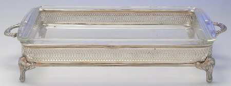 Silverplate Hollowware 3 Qt Glass Rectangular Casserole W/Holder