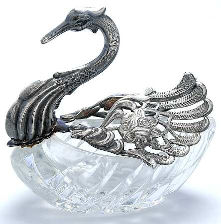 Silverplate Hollowware Crystal Swan Candy Dish W/Silverplate Wings