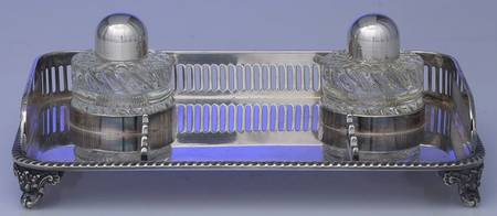 Silverplate Hollowware Crystal Bowl Inkwell & Sterling Lid