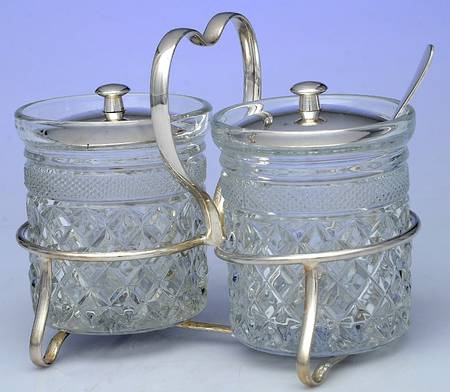 Silverplate Hollowware Jam/Jelly Set (2 Glass Jars W/Metal Lids & Stand)