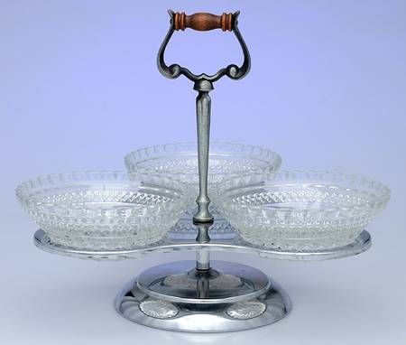 Silverplate Hollowware 4pc Condiment Bowl Set (3 Glass Bowls&Metal Stand)