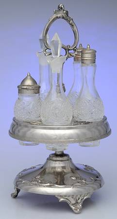 Silverplate Hollowware Cruet Set-4 Crys Bottles W/Std