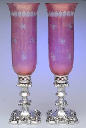 UNH35 (Silverplate, Hollowware) Pair of Hurricane Lamps & Globes