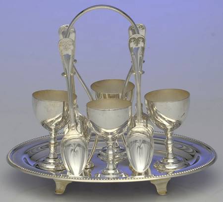 Silverplate Hollowware Egg Cup Set-4 Egg Cups,4 Egg Spoons&Handled Stand
