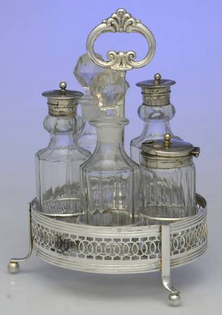 Silverplate Hollowware 6 Pc Condiment (5 Glass Bottles w/Holder)