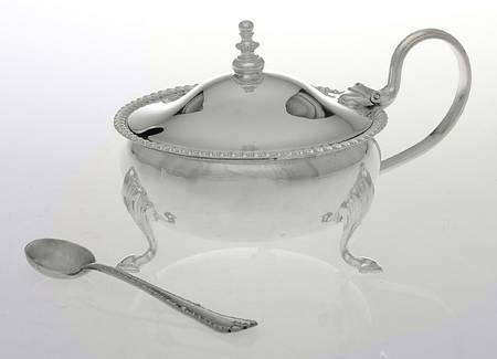 Silverplate Hollowware Mustard Pot with Hinged Lid,Cobalt Liner & Spoon