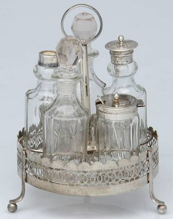 Silverplate Hollowware 6 Pc Condiment (5 Glass Bottles w/Holder)