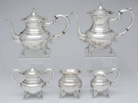 Japan Sterling Holloware 5 Piece Tea Set (SCP, STP, SCR, SSU, SWB)