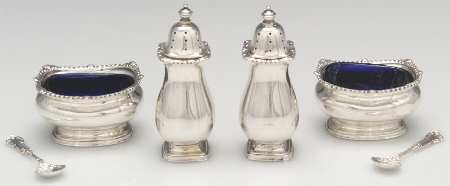 England Sterling Hollowware Open Salt Master W/Cobalt Liners & Pepper Shaker - Set of 2