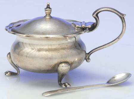 England Sterling Hollowware Mustard Pot with Hinged Lid & Spoon