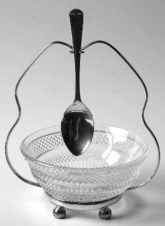 England Silverplate Hollowware 5" Round Crystal Bowl with Metal Stand & Spoon