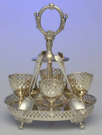 England Silverplate Hollowware Egg Cup Set-4 Egg Cups,4 Egg Spoons&Handled Stand