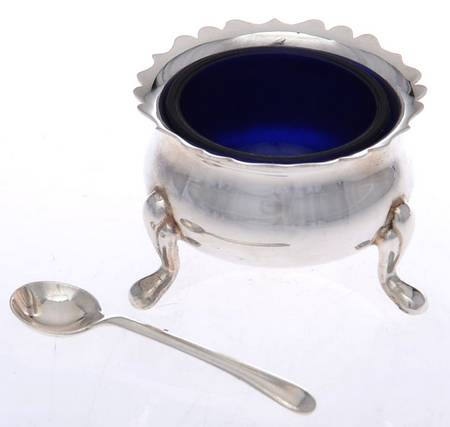 England Silverplate Hollowware Individual Open Salt W/Cobalt Liner & Spoon