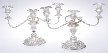 England Silverplate Hollowware Pair of 3 Light Weighted Candelabra with Bobech