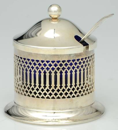 England Silverplate Hollowware Jam Jar with Lid, Spoon & Cobalt Liner