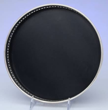 Italy Silverplate Hollowware Round Black Formica Tray with Silvrplate Bnd
