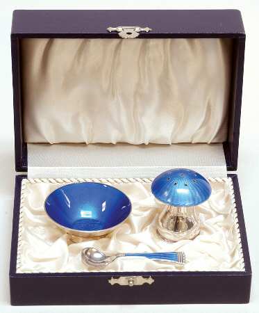 Netherlands Sterling Hollowware Open Individual Salt W/Spoon W/Pepper Shaker &Case
