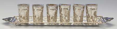 Mexico Sterling Hollowware Crystal Shot Glass - Set of 6 with Sterling Overlay & 9" Tray