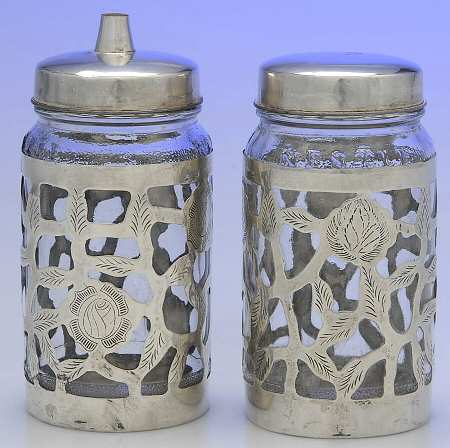 Mexico Sterling Hollowware Pair of Nestle Jar w/Sterling Overlay  &Metal Lid