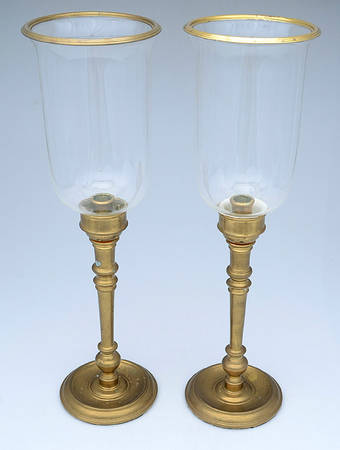 Brass Candlesticks Pair of Hurricane Lamps & Globes