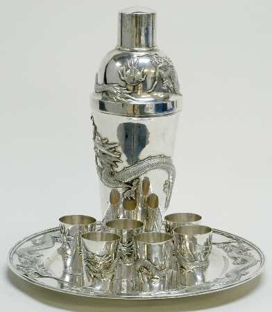 China Sterling Hollowware Cocktail Set (Cocktail Shaker,6 LC and 10" RdTray)