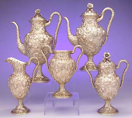 Repousse Style (Sterling Hollowware) 5 Piece Tea Set (SCP, STP, SCR, SSU, SWB)