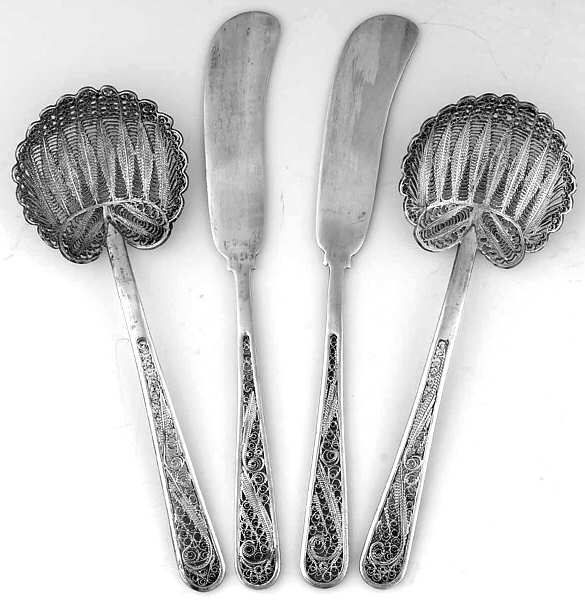 Sterling Filigree Flatware 4 Pc Pierced Butter Spreader & Bon Bon Set