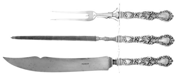 Floral (Silverplate, 1902) Large 3-Piece Roast Carving Set w/ Stainless Blade