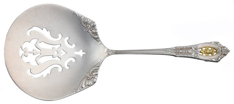 Golden Rose Point (Sterling, 1988, Gold Accent Rose) Solid Bon Bon Spoon with Pierced Bowl