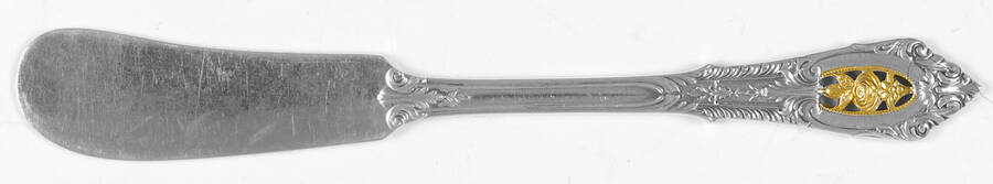 Golden Rose Point (Sterling, 1988, Gold Accent Rose) Flat Handle Butter Spreader