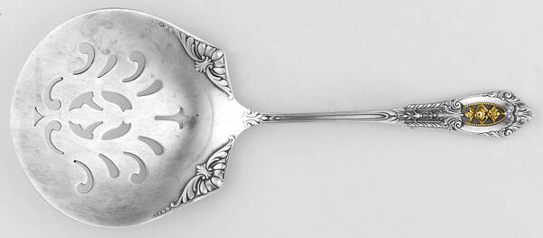 Golden Rose Point (Sterling, 1988, Gold Accent Rose) Solid Bon Bon Spoon with Pierced Bowl