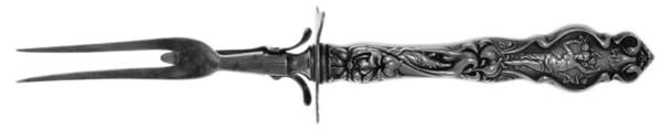 Irian (Sterling, 1902, No Monograms) Lg Carving/Roast Fork-Stn Prong w/Sterling Guard