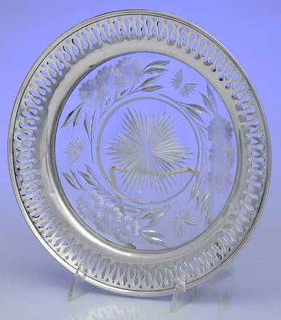 Sterling Hollowware 9" Round Crystal Tray with Sterling Rim