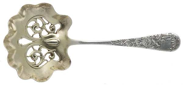 Antique Lily-Engraved (Sterling, 1882) Solid Bon Bon Spoon with Pierced Bowl