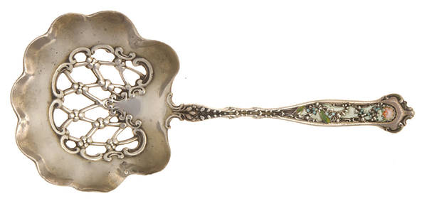 Dresden (Sterling, 1896) Enamel Handled Solid Pierced Bon Bon Spoon