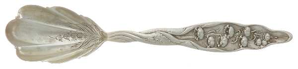 Lily of The Valley (Sterling, 1885, No Monograms) Sugar Shell Spoon, Bright Cut