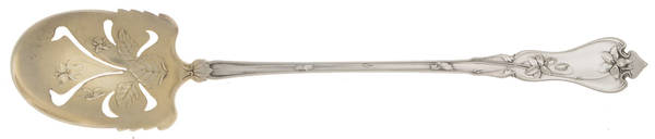Violet (Sterling, 1905, Monograms) Pierced Bowl Short Handle Olive Spoon by Whiting Manf Co