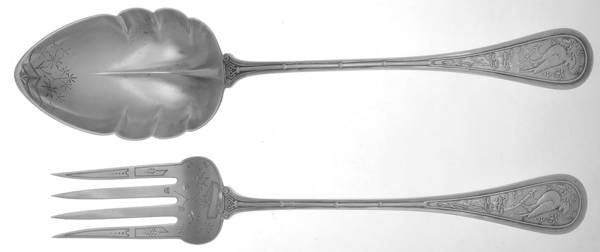 Bird (Sterling, 1865) Salad Serving Set Solid Oversize Bright Cut